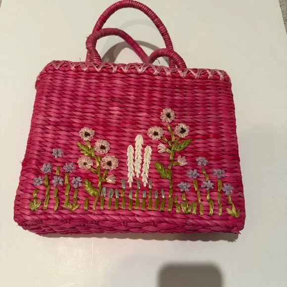 Vintage 1980’s Marlo Pink Floral Embroidered Woven Tote Bag Purse - Picture 3 of 14